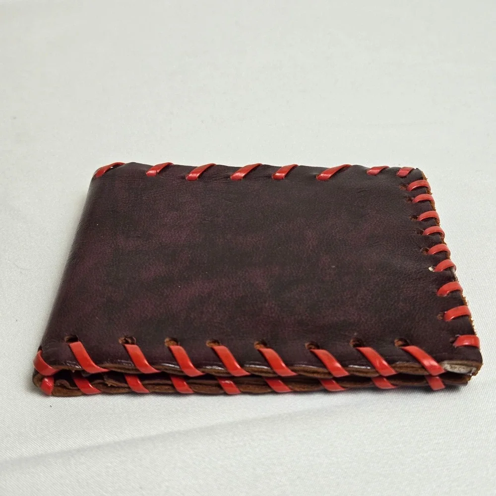 Handmade Bifold Leather Wallet Burgundy Red Contrast Stitching‎ Rustic Primitive